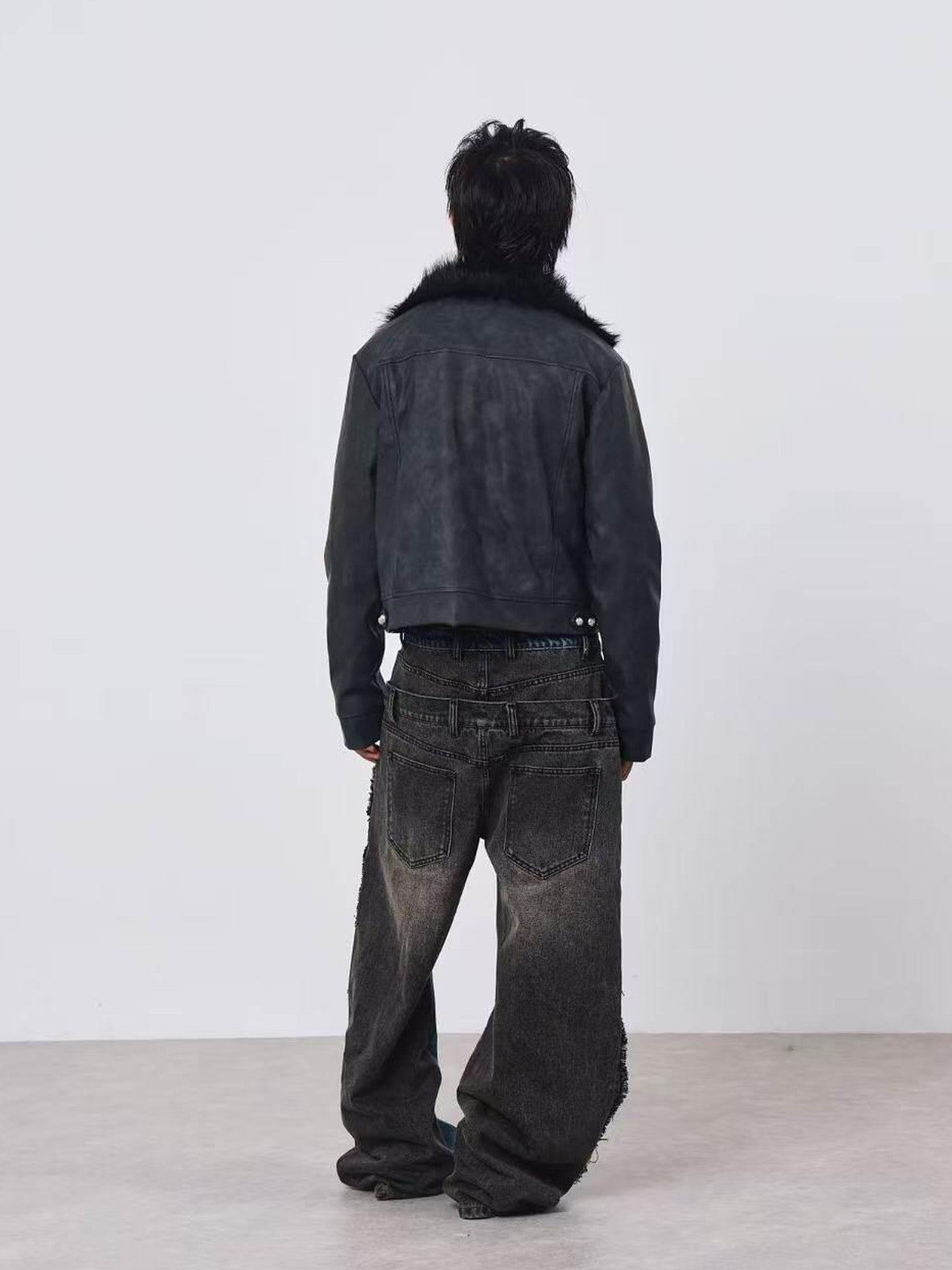 DETW onLine Distressed Washed Patchwork Metal Buckle Fur Collar Women&