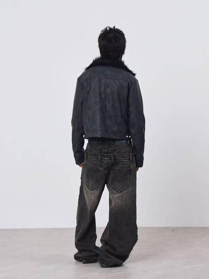 DETW onLine Distressed Washed Patchwork Metal Buckle Fur Collar Women&