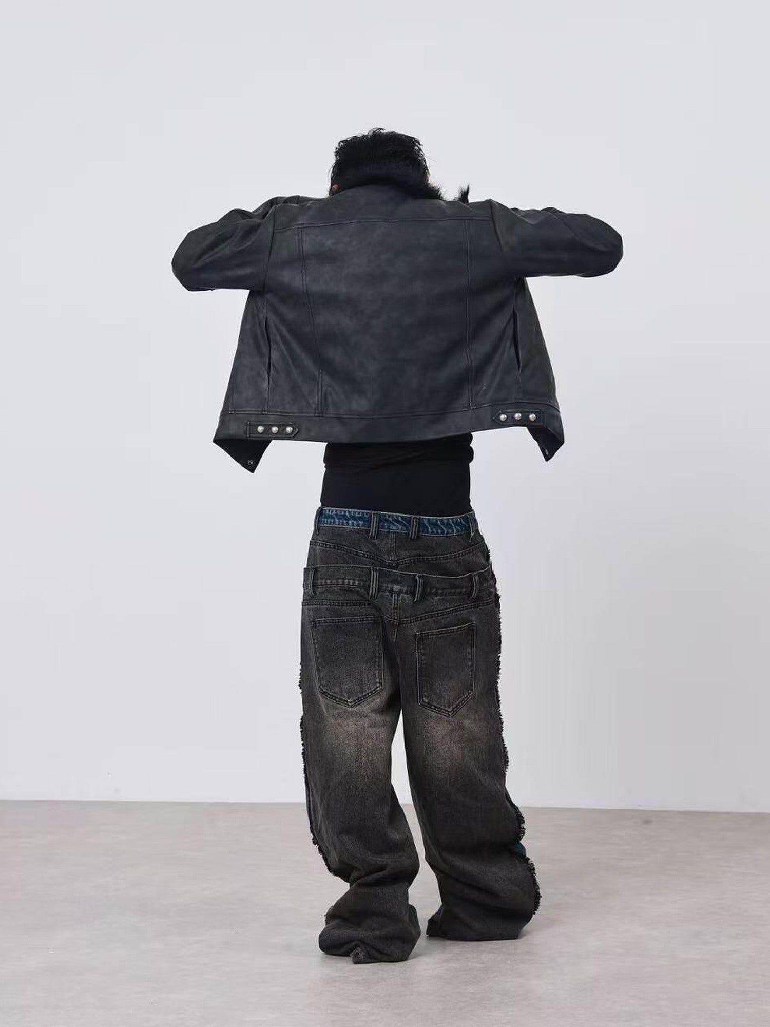 DETW onLine Distressed Washed Patchwork Metal Buckle Fur Collar Women&
