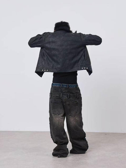 DETW onLine Distressed Washed Patchwork Metal Buckle Fur Collar Women&
