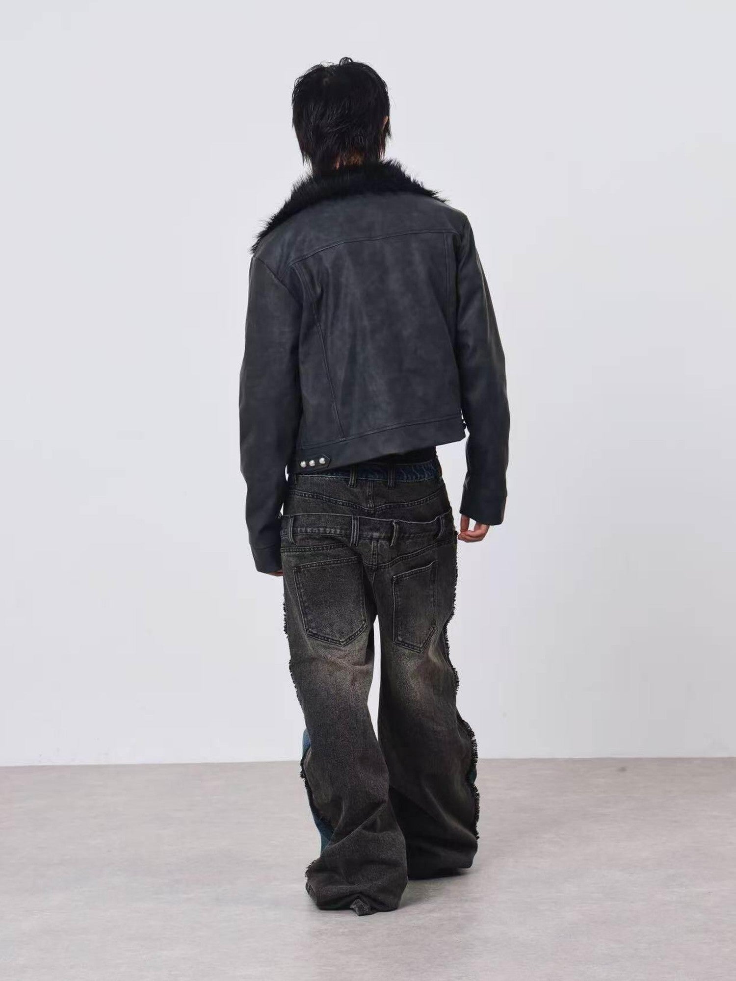 DETW onLine Distressed Washed Patchwork Metal Buckle Fur Collar Women&