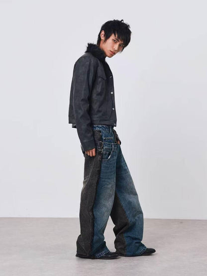 DETW onLine Distressed Washed Patchwork Metal Buckle Fur Collar Women&