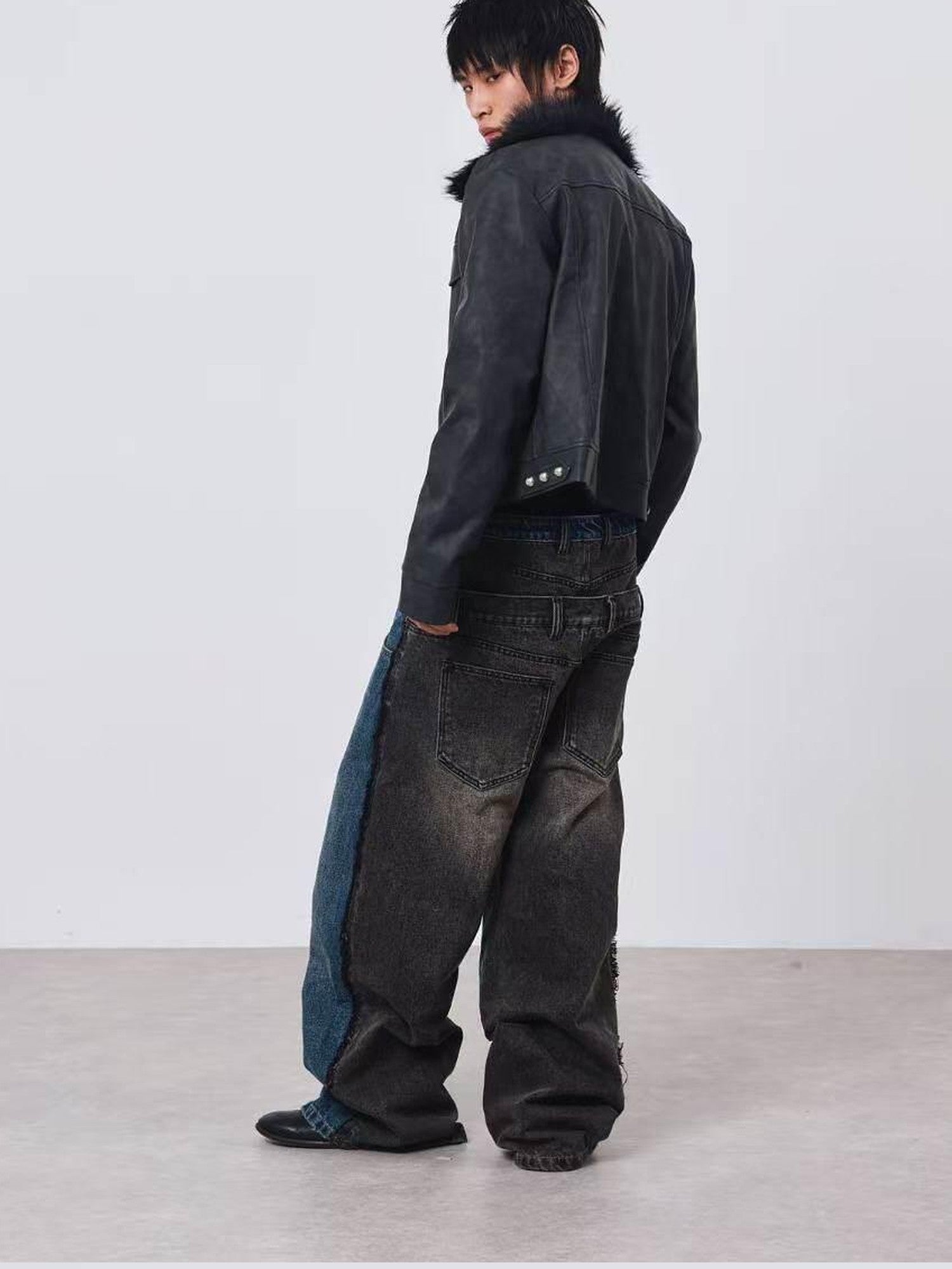 DETW onLine Distressed Washed Patchwork Metal Buckle Fur Collar Women&