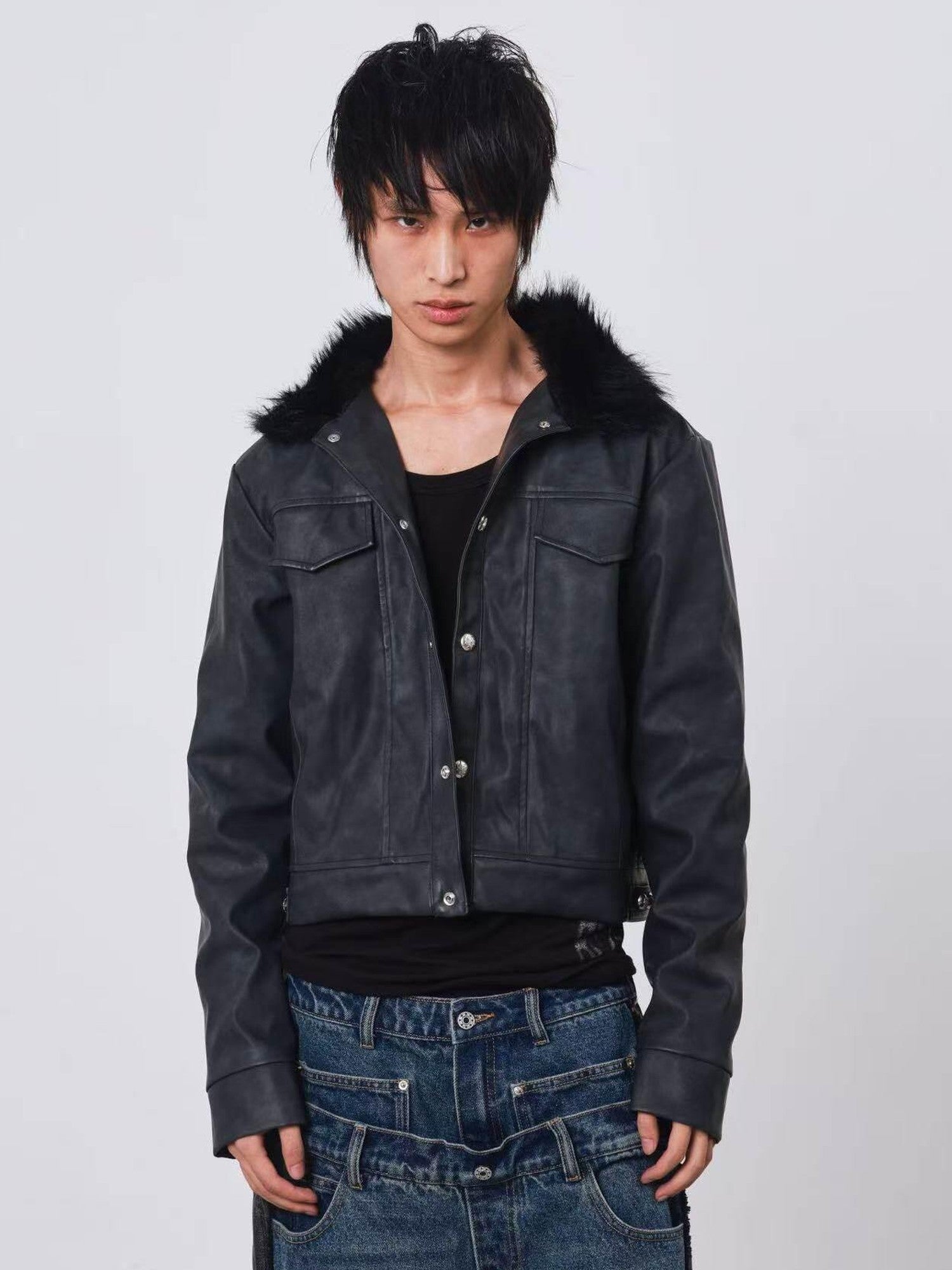 DETW onLine Distressed Washed Patchwork Metal Buckle Fur Collar Women&