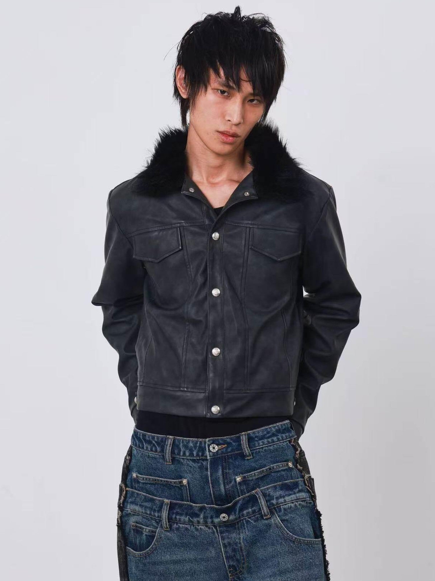 DETW onLine Distressed Washed Patchwork Metal Buckle Fur Collar Women&