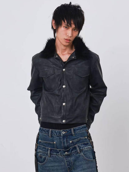 DETW onLine Distressed Washed Patchwork Metal Buckle Fur Collar Women&