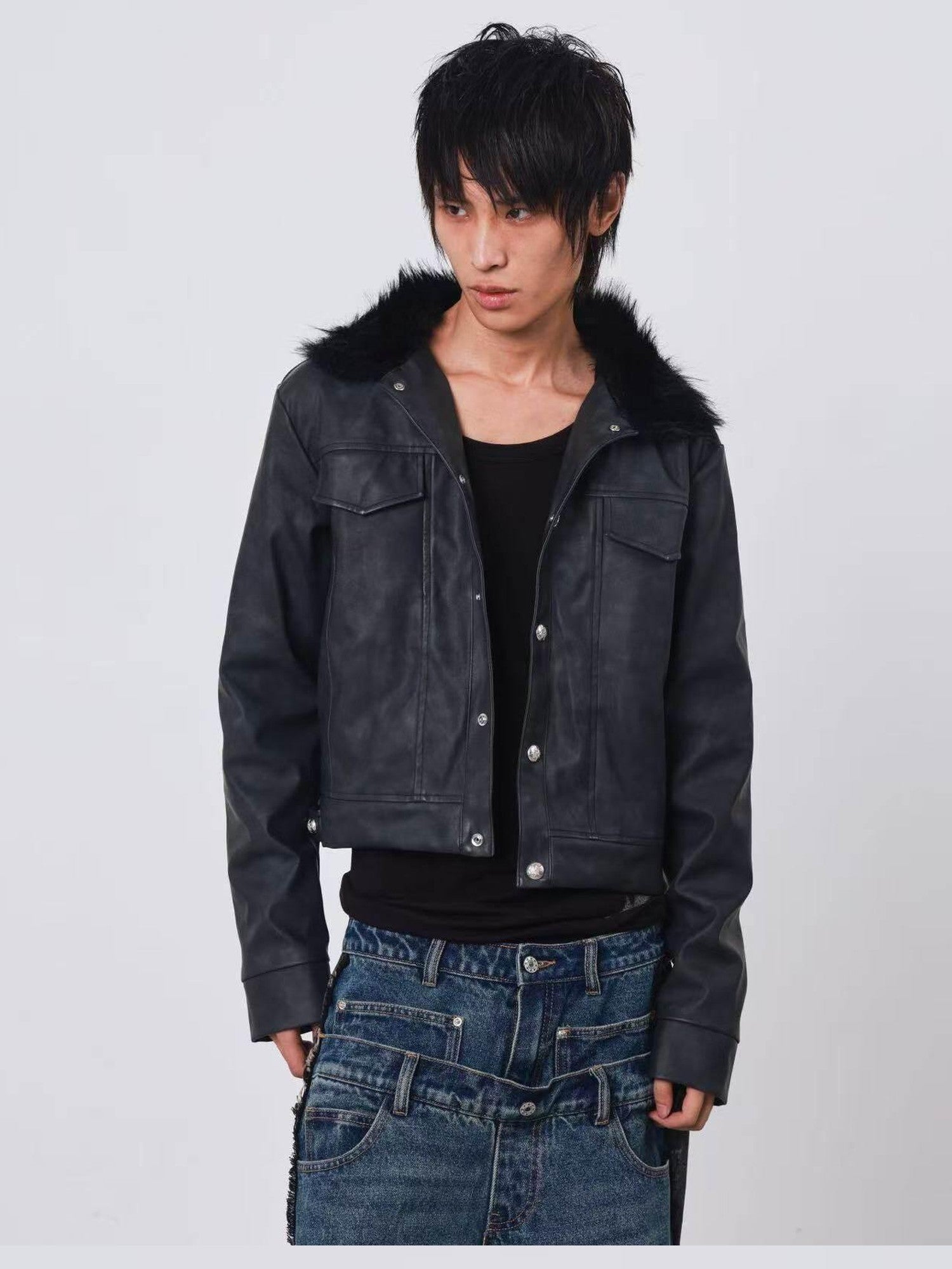 DETW onLine Distressed Washed Patchwork Metal Buckle Fur Collar Women&