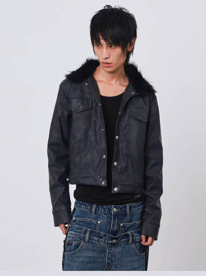 DETW onLine Distressed Washed Patchwork Metal Buckle Fur Collar Women&