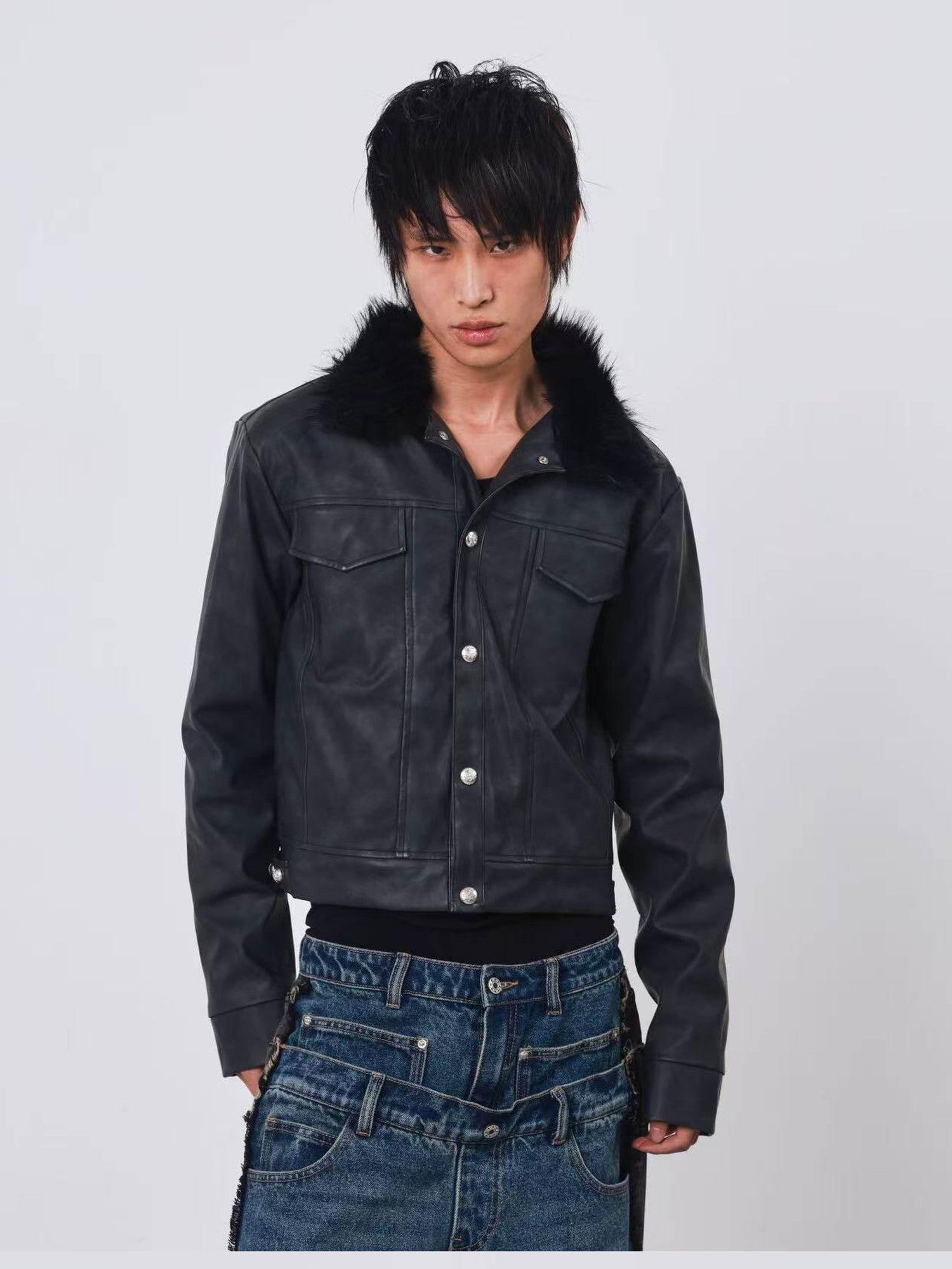 DETW onLine Distressed Washed Patchwork Metal Buckle Fur Collar Women&