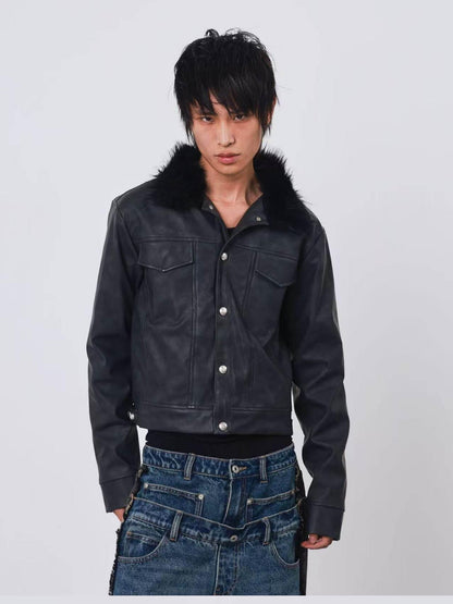 DETW onLine Distressed Washed Patchwork Metal Buckle Fur Collar Women&