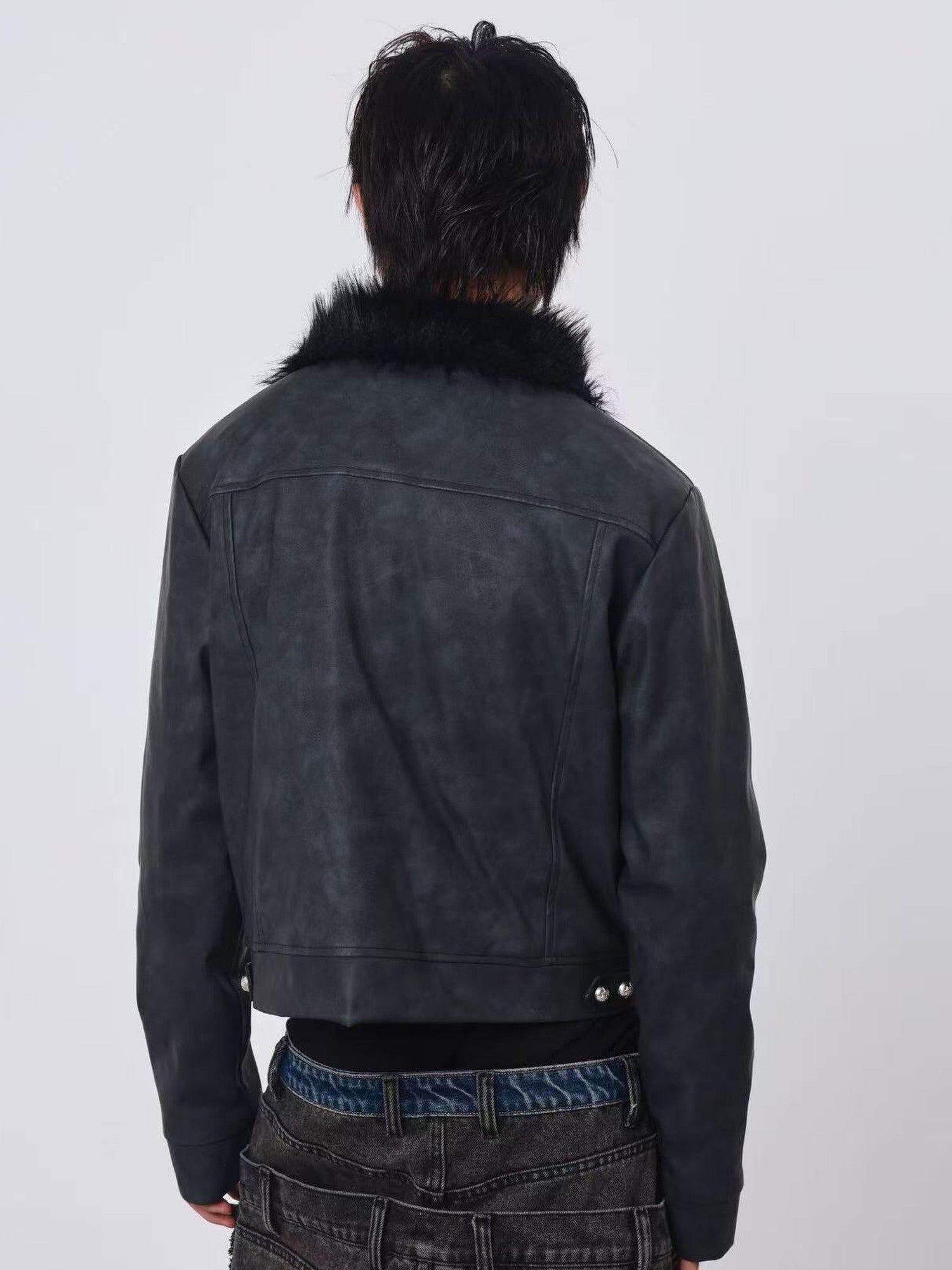 DETW onLine Distressed Washed Patchwork Metal Buckle Fur Collar Women&