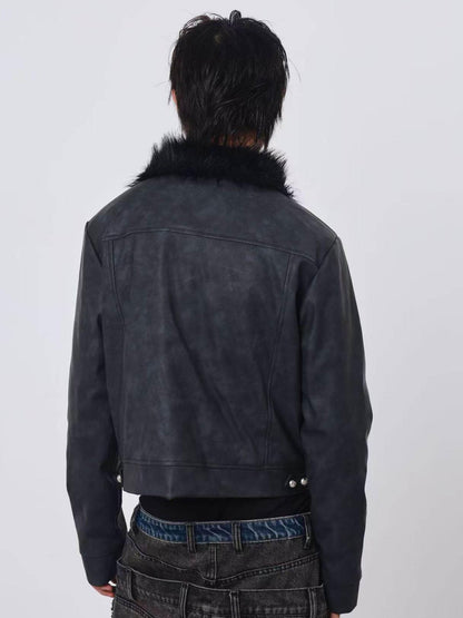 DETW onLine Distressed Washed Patchwork Metal Buckle Fur Collar Women&