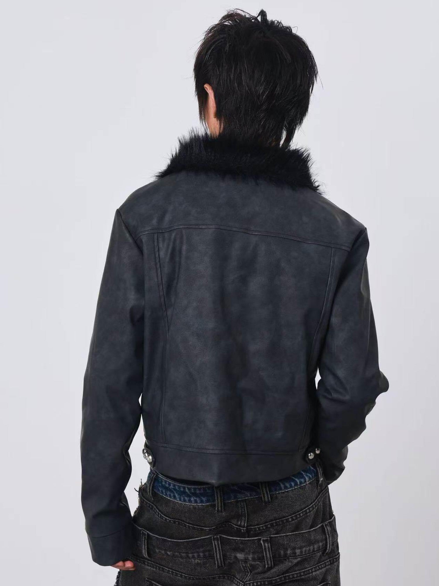DETW onLine Distressed Washed Patchwork Metal Buckle Fur Collar Women&