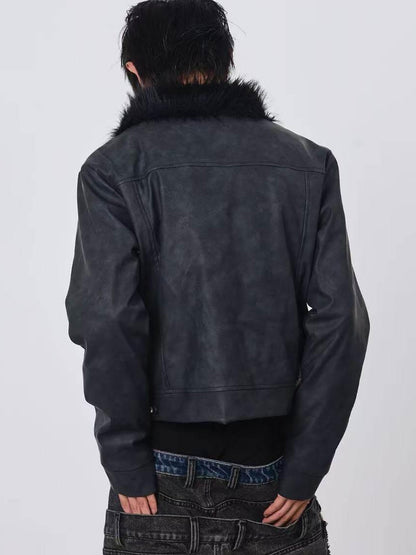 DETW onLine Distressed Washed Patchwork Metal Buckle Fur Collar Women&