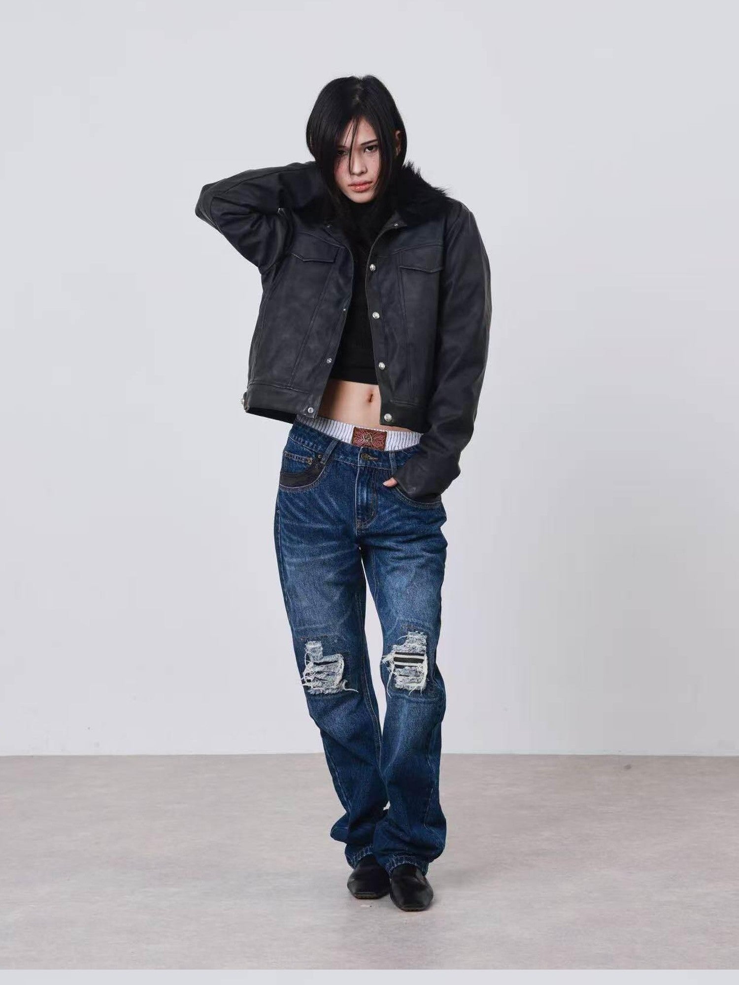 DETW onLine Distressed Washed Patchwork Metal Buckle Fur Collar Women&