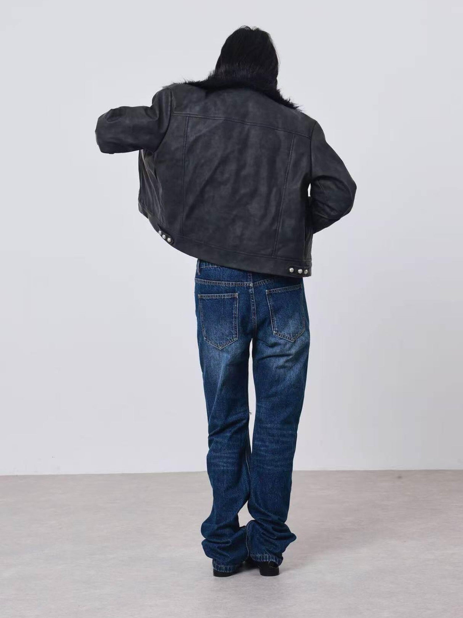 DETW onLine Distressed Washed Patchwork Metal Buckle Fur Collar Women&