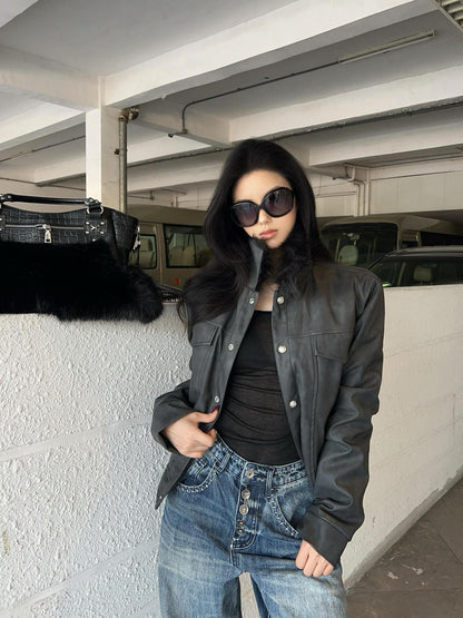 DETW onLine Distressed Washed Patchwork Metal Buckle Fur Collar Women&