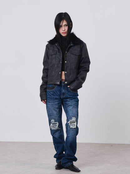 DETW onLine Distressed Washed Patchwork Metal Buckle Fur Collar Women&