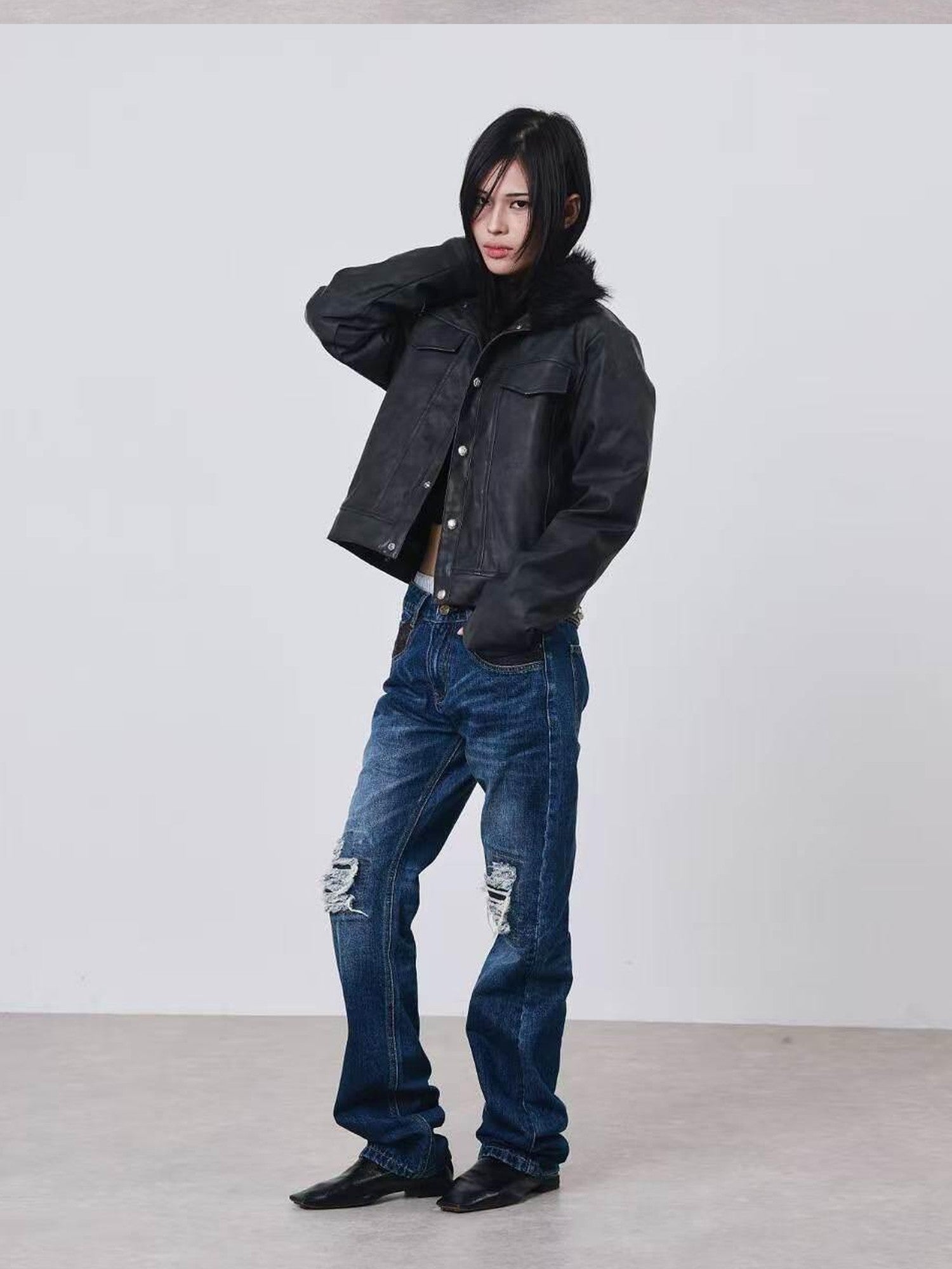 DETW onLine Distressed Washed Patchwork Metal Buckle Fur Collar Women&