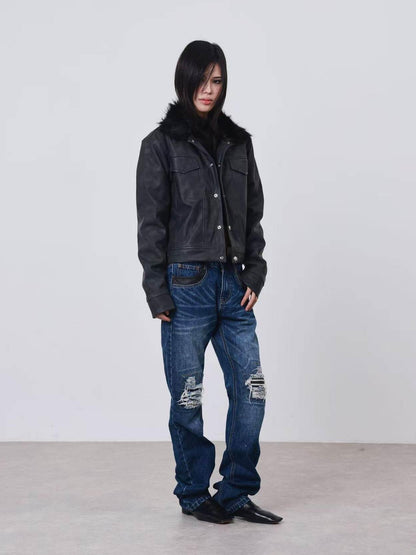 DETW onLine Distressed Washed Patchwork Metal Buckle Fur Collar Women&