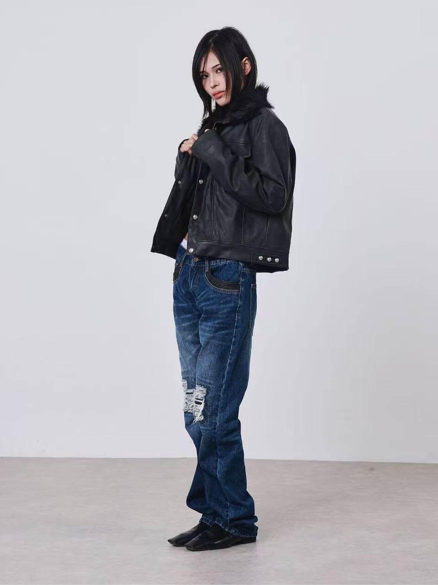 DETW onLine Distressed Washed Patchwork Metal Buckle Fur Collar Women&