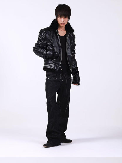 DETW onLine Embroidered Patchwork Fur Bomber Metal Hardware Women&