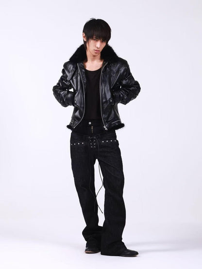 DETW onLine Embroidered Patchwork Fur Bomber Metal Hardware Women&