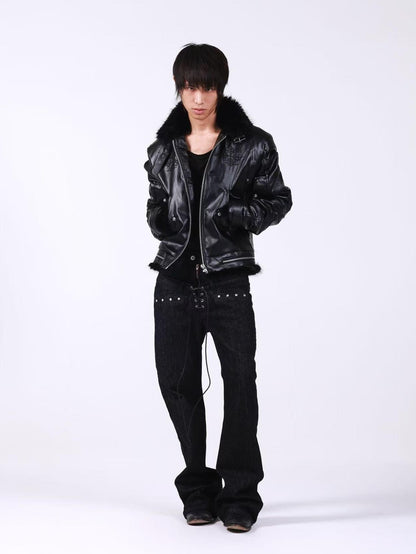 DETW onLine Embroidered Patchwork Fur Bomber Metal Hardware Women&