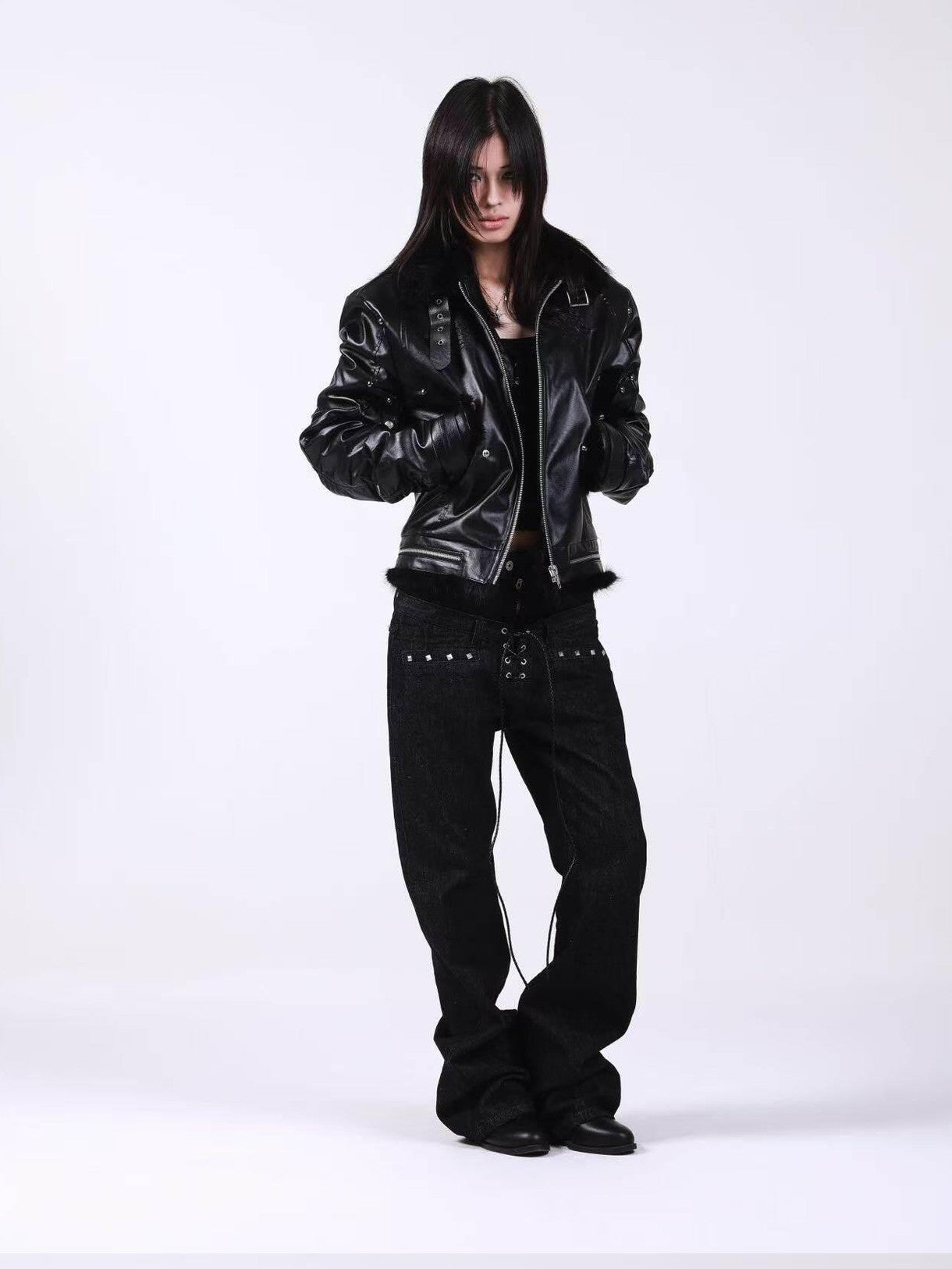 DETW onLine Embroidered Patchwork Fur Bomber Metal Hardware Women&