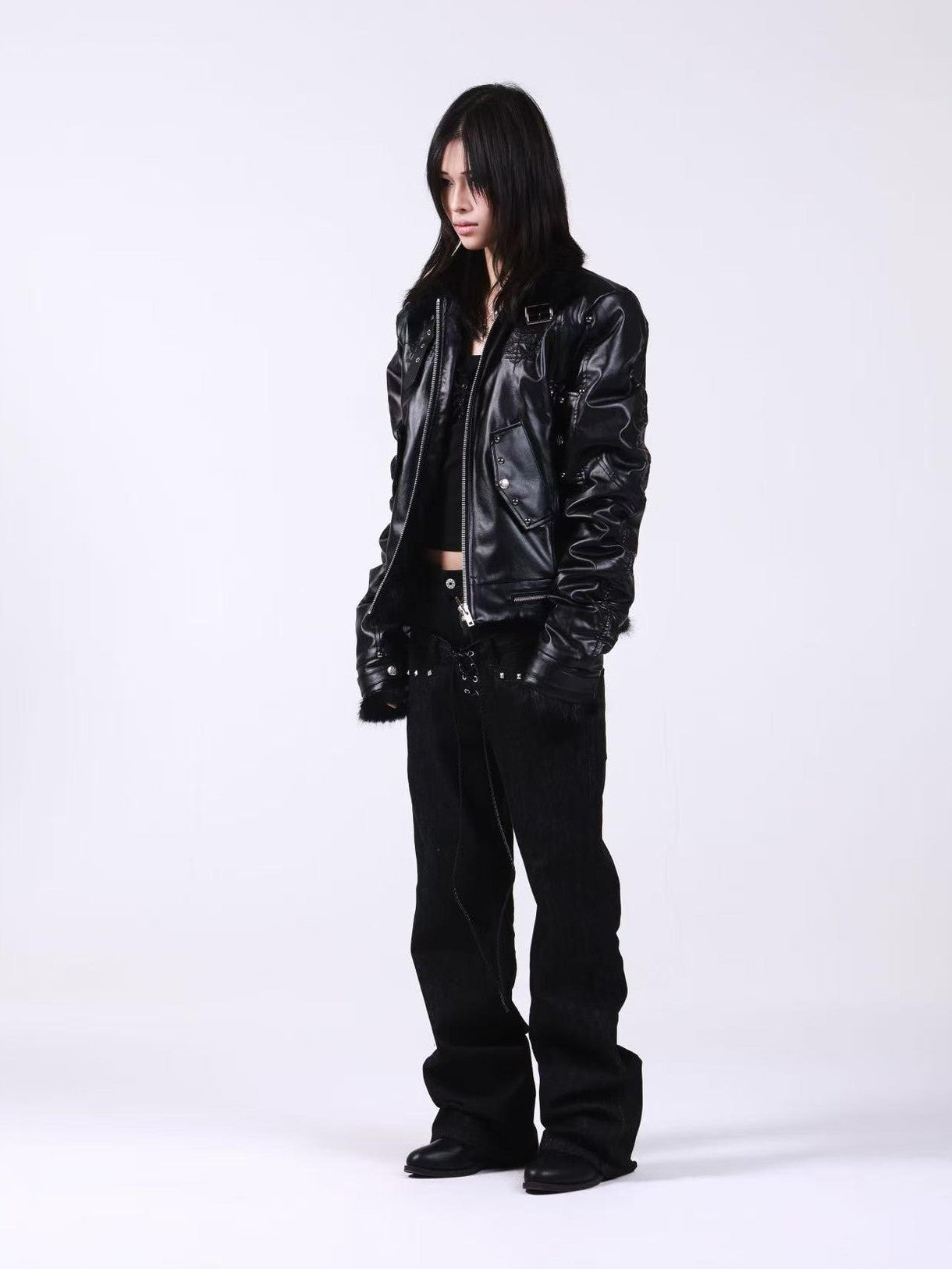 DETW onLine Embroidered Patchwork Fur Bomber Metal Hardware Women&