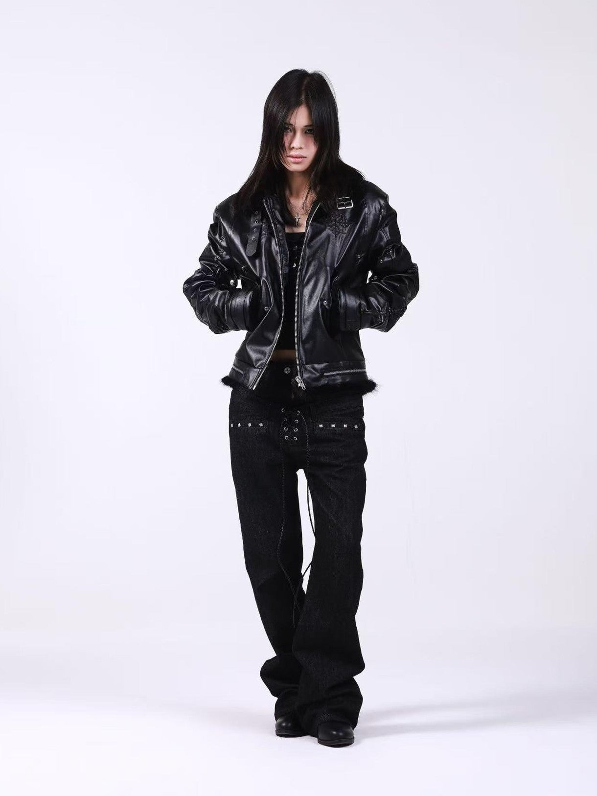 DETW onLine Embroidered Patchwork Fur Bomber Metal Hardware Women&