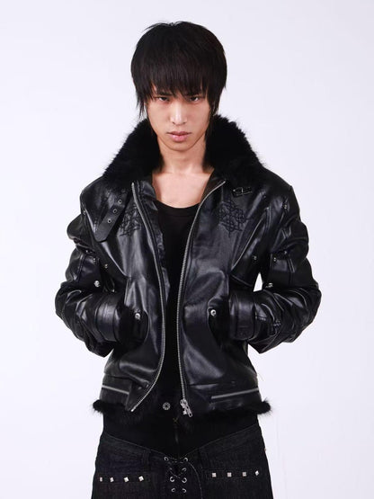 DETW onLine Embroidered Patchwork Fur Bomber Metal Hardware Women&