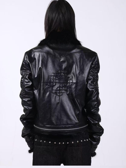 DETW onLine Embroidered Patchwork Fur Bomber Metal Hardware Women&