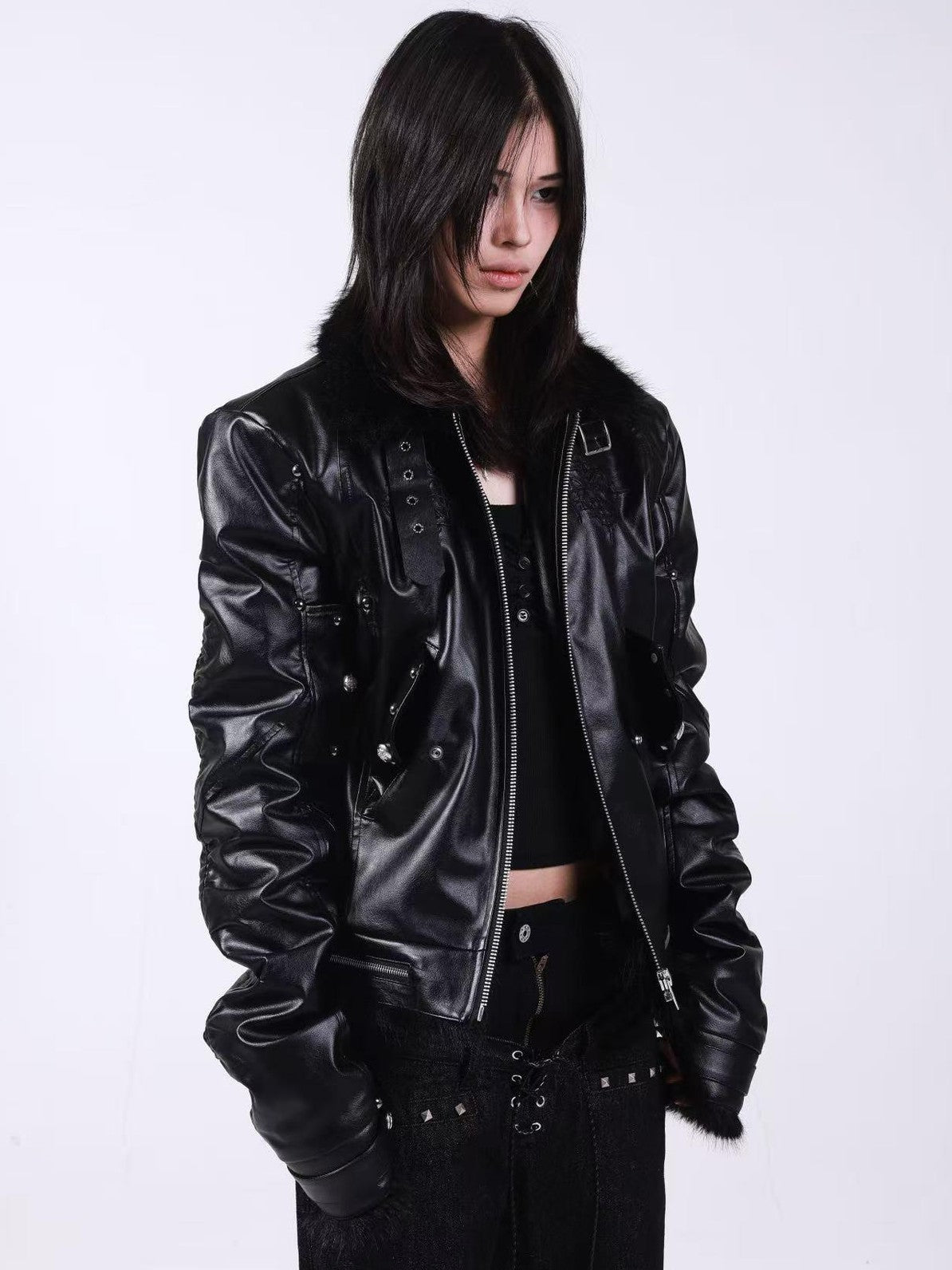 DETW onLine Embroidered Patchwork Fur Bomber Metal Hardware Women&