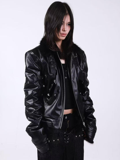 DETW onLine Embroidered Patchwork Fur Bomber Metal Hardware Women&