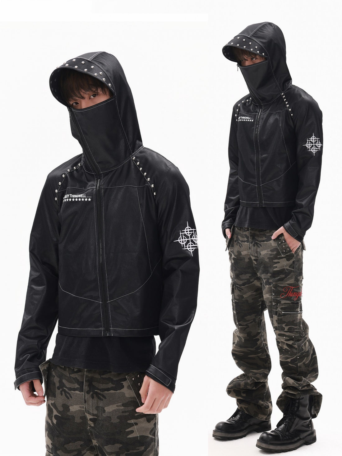 DETW onLine Embroidered Slanted Zipper Hooded Collar Coated Black Women&