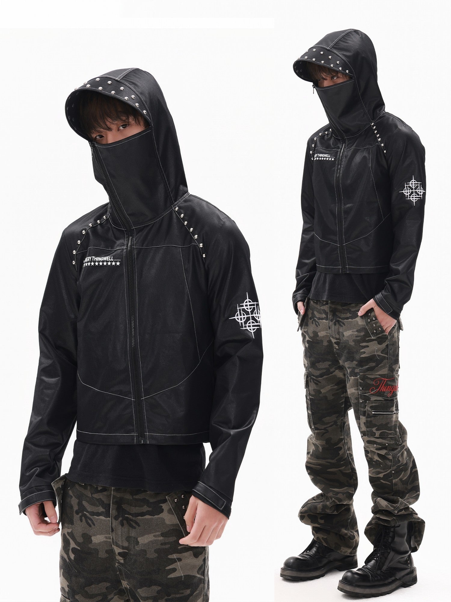 DETW onLine Embroidered Slanted Zipper Hooded Collar Coated Black Women&