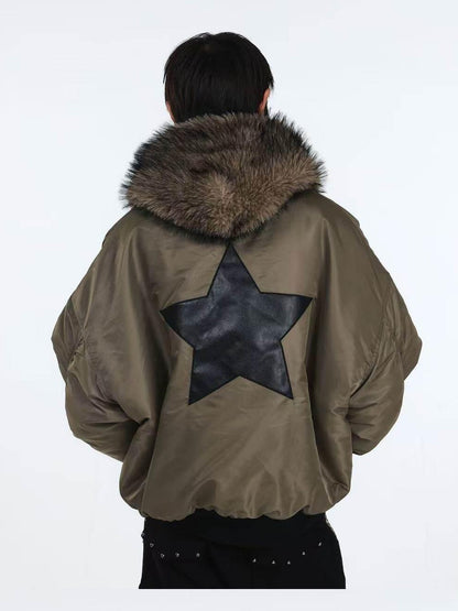 DETW onLine Embroidered Star Layered Hooded Fur Collar Women&