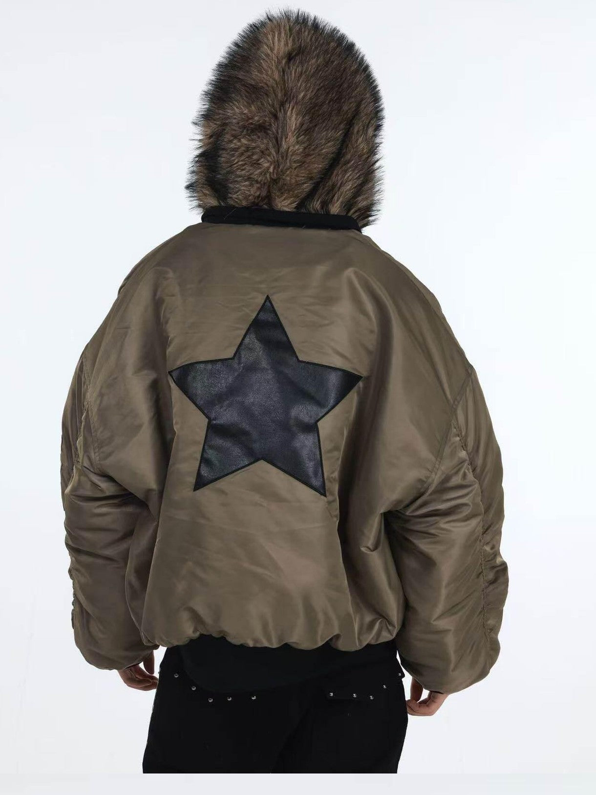 DETW onLine Embroidered Star Layered Hooded Fur Collar Women&