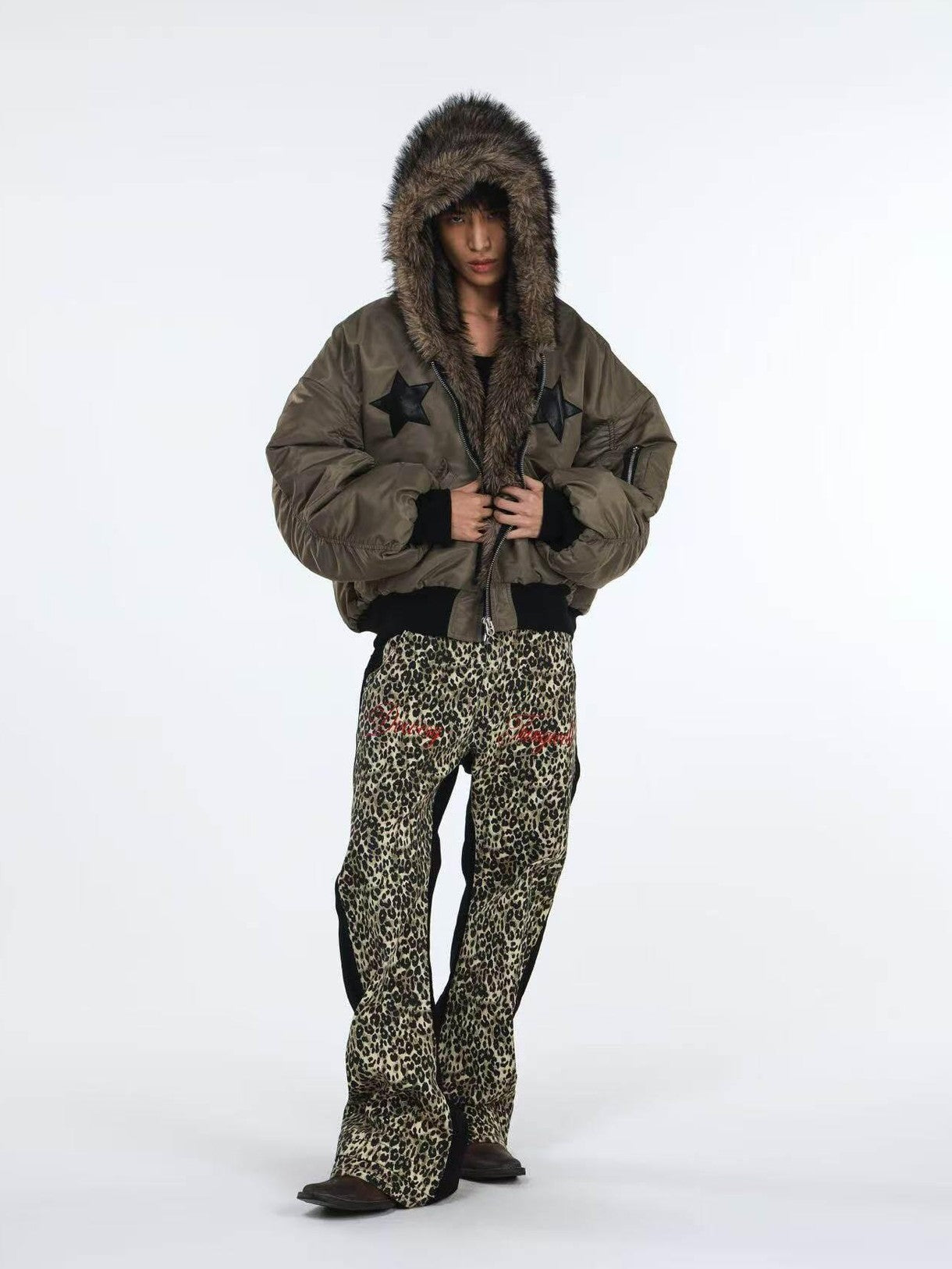 DETW onLine Embroidered Star Layered Hooded Fur Collar Women&