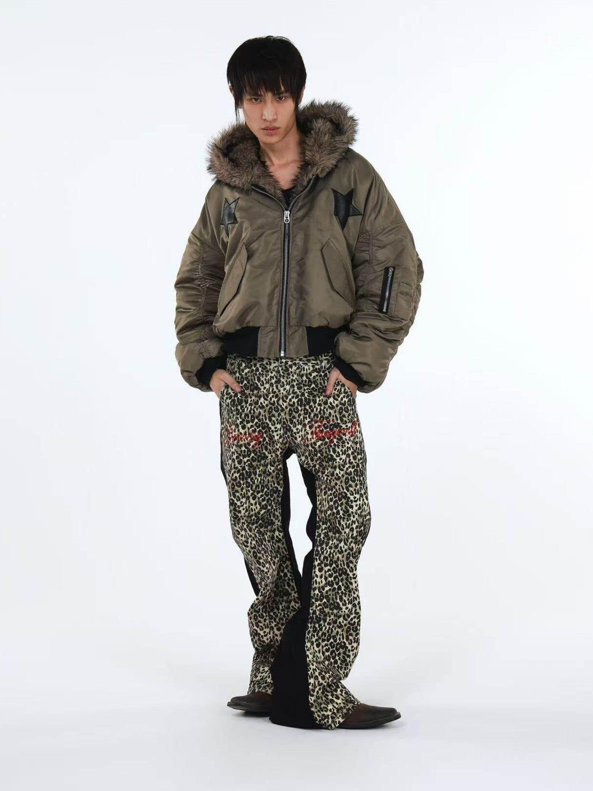 DETW onLine Embroidered Star Layered Hooded Fur Collar Women&