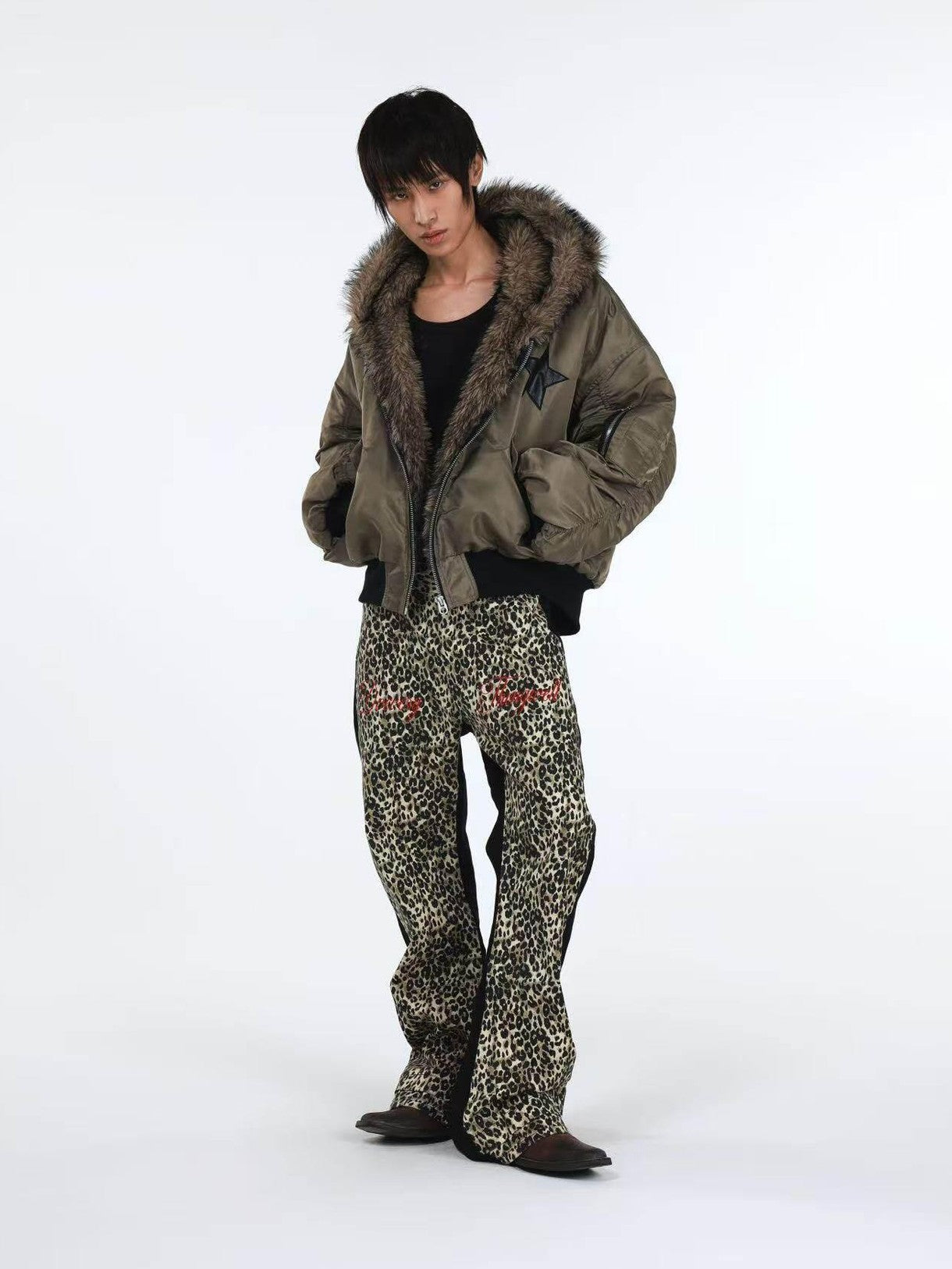 DETW onLine Embroidered Star Layered Hooded Fur Collar Women&