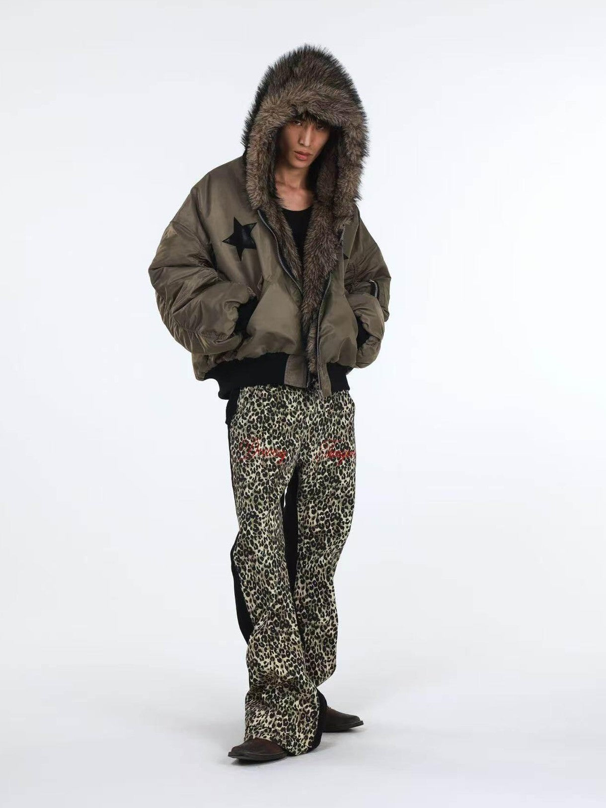 DETW onLine Embroidered Star Layered Hooded Fur Collar Women&