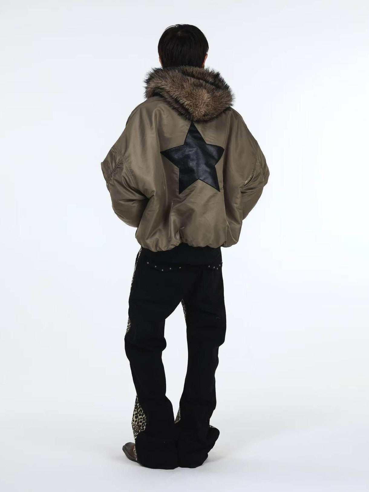 DETW onLine Embroidered Star Layered Hooded Fur Collar Women&