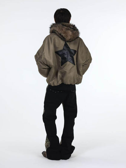DETW onLine Embroidered Star Layered Hooded Fur Collar Women&