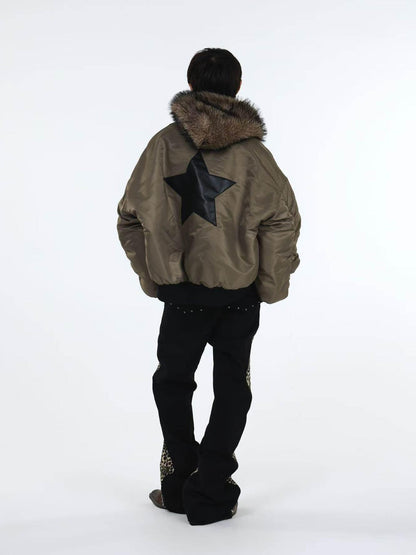 DETW onLine Embroidered Star Layered Hooded Fur Collar Women&