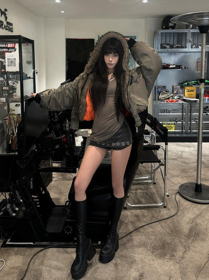 DETW onLine Embroidered Star Layered Hooded Fur Collar Women&