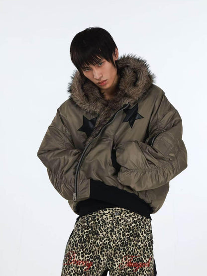 DETW onLine Embroidered Star Layered Hooded Fur Collar Women&