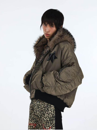 DETW onLine Embroidered Star Layered Hooded Fur Collar Women&