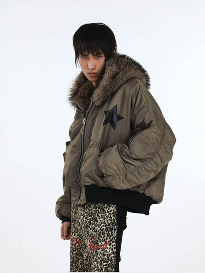 DETW onLine Embroidered Star Layered Hooded Fur Collar Women&